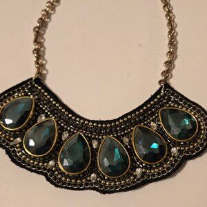 Chico's Statement Bib Necklace Gold Tone Blue Green Rhinestones 10-13" Adjustabl